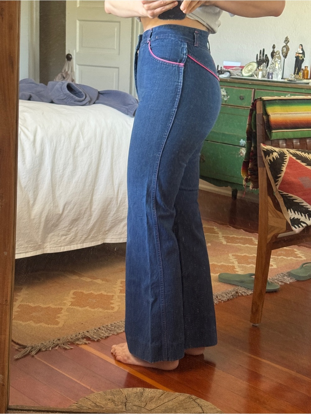 Vintage 70s RARE Chemin de Fer high-rise Jeans Pink Piping Wide Leg 29” Waist